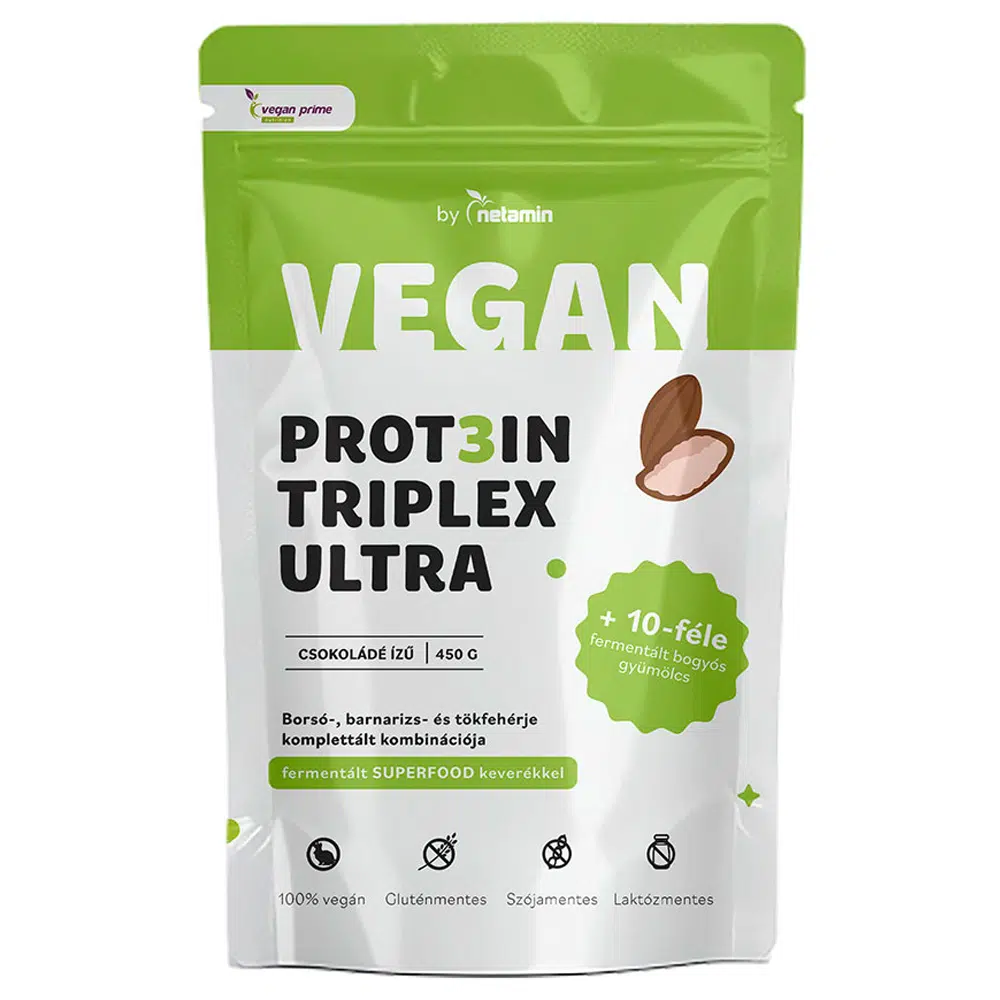 Netamin Vegan Prot3in Triplex Ultra csokoládé ízű fehérjepor Superfood keverékkel - 450g 1 Netamin Vegan Prot3in Triplex Ultra csokoládé ízű fehérjepor Superfood keverékkel - 450g