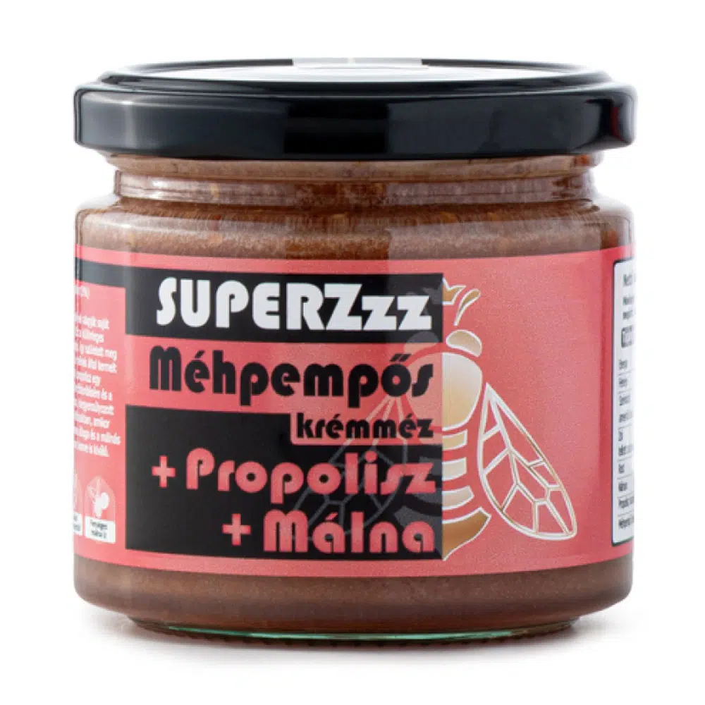 Mézzz SUPERZzz Méhpempős krémméz + propolisz - liofilizált málnával - 250g 1 Mézzz SUPERZzz Méhpempős krémméz + propolisz - liofilizált málnával - 250g