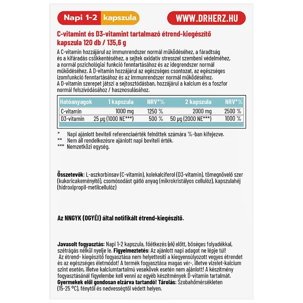 Dr. Herz XXL C+D C-vitamin 1000mg + D3-vitamin 1000NE kapszula - 120db 2 Dr. Herz XXL C+D C-vitamin 1000mg + D3-vitamin 1000NE kapszula - 120db - Image 2