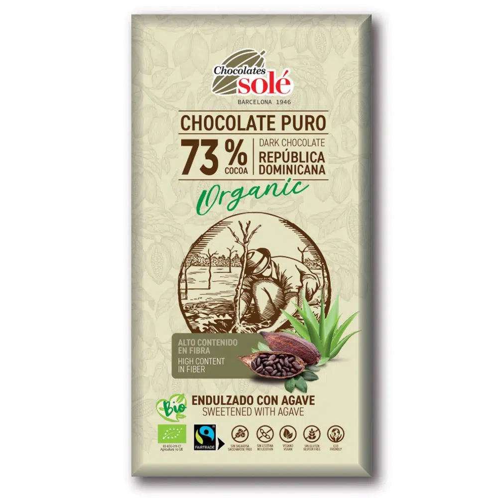 Chocolates Solé 73% Bio Cukormentes Étcsokoládé Agavéval ízesítve - 100g 1 Chocolates Solé 73% Bio Cukormentes Étcsokoládé Agavéval ízesítve - 100g