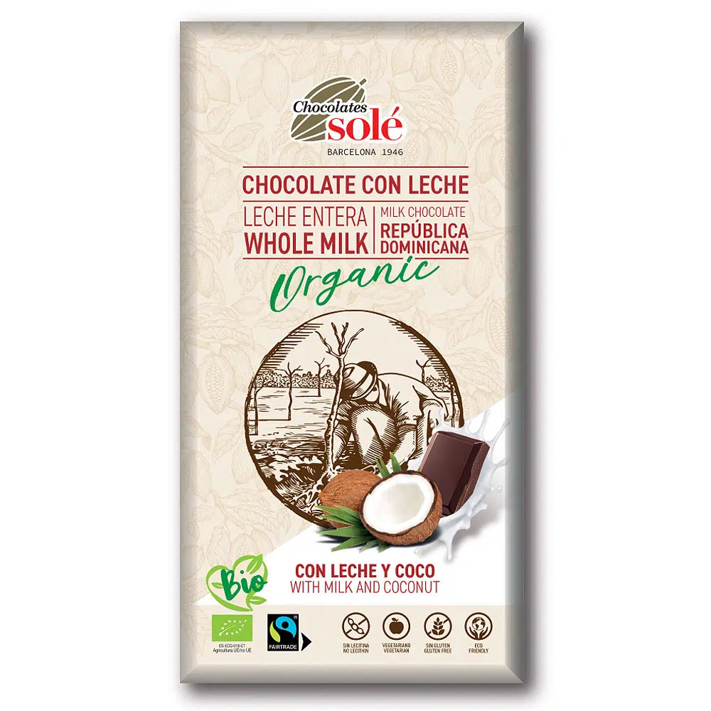 Chocolates Solé 39% Bio Kókuszos Tejcsokoládé - 100g 1 Chocolates Solé 39% Bio Kókuszos Tejcsokoládé - 100g