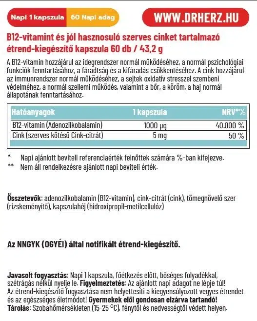 Dr. Herz B12-vitamin Pro kapszula - 60db 2 Dr. Herz B12-vitamin Pro kapszula - 60db - Image 2