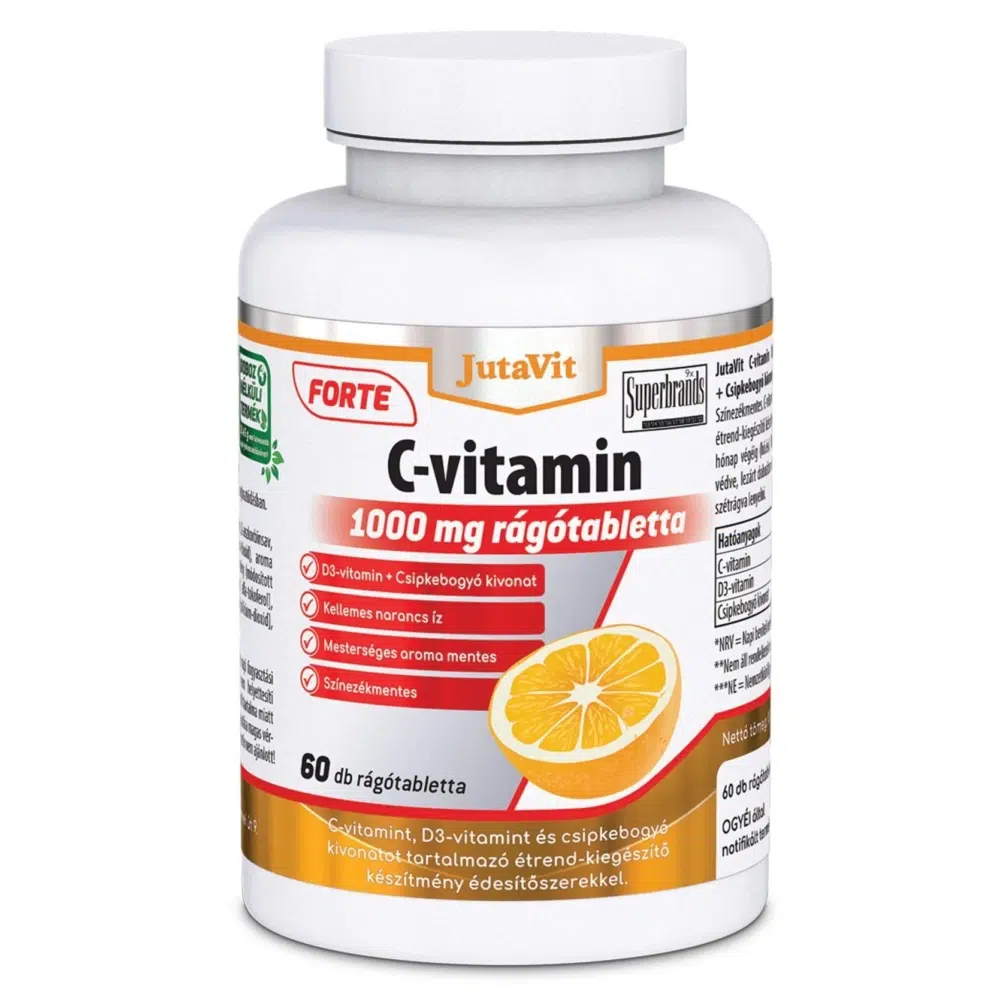JutaVit C-vitamin Forte 1000mg + D3-vitamin 2000NE narancs ízű rágótabletta – 60db 1 JutaVit C-vitamin 1000mg +D3 2000NE Forte narancs ízű rágótabletta 60db