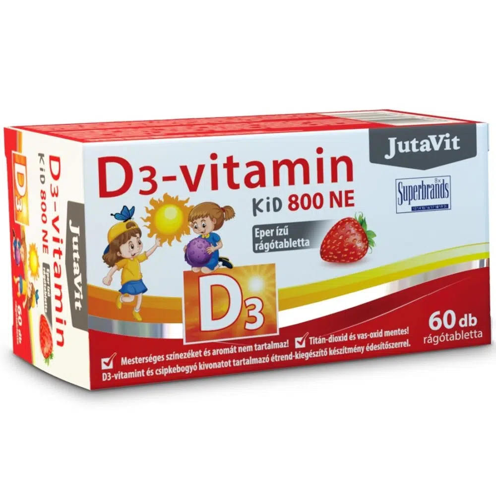 JutaVit D3-vitamin 800NE KID eper ízű rágótabletta - 60db 1 Jutavit D3-vitamin 800-NE KID eper ízű rágótabletta 60db