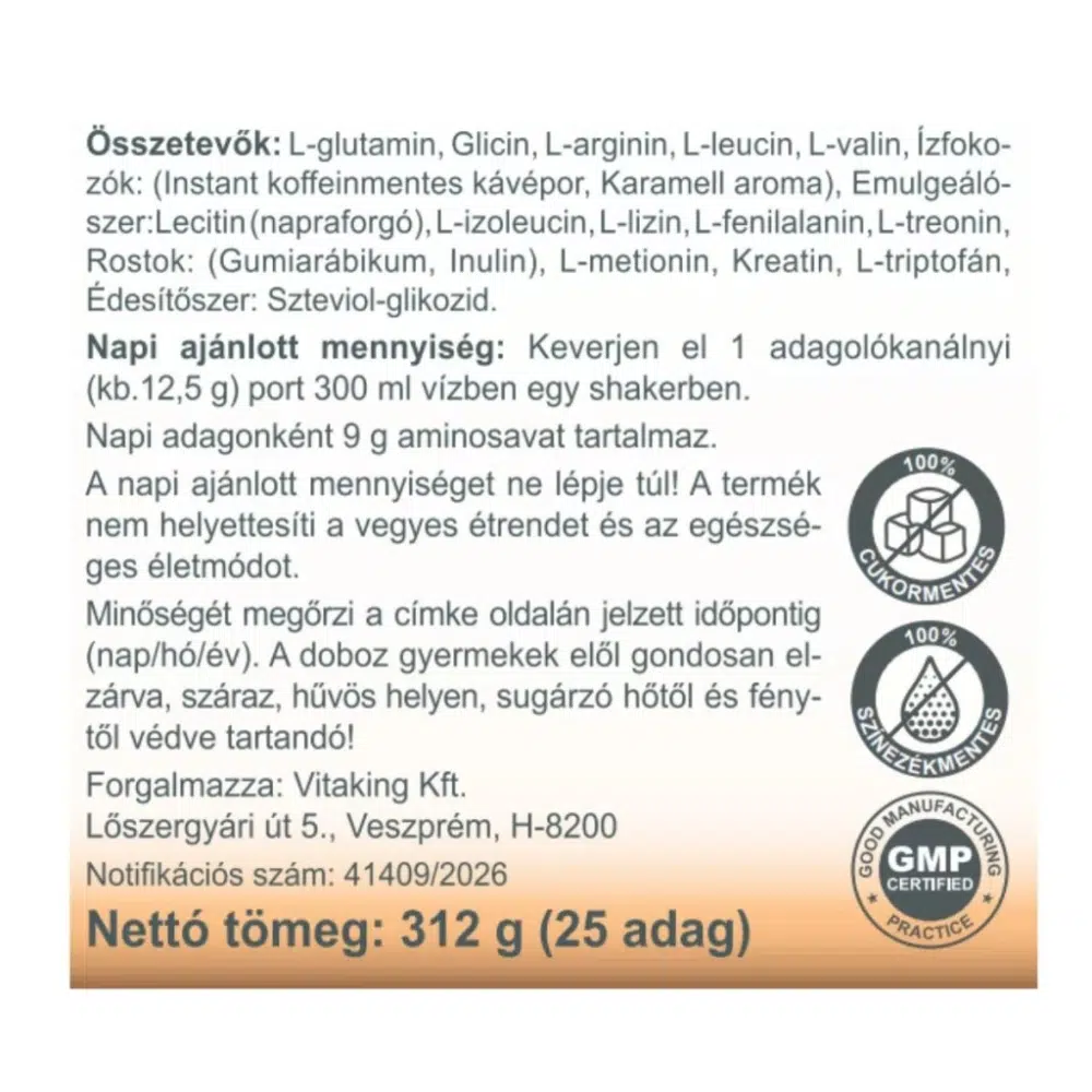 Vitaking Aminosav Komplex karamell-kávé ízű italpor - 312g 3 Vitaking Aminosav Komplex karamell-kávé ízű italpor - 312g - Image 3
