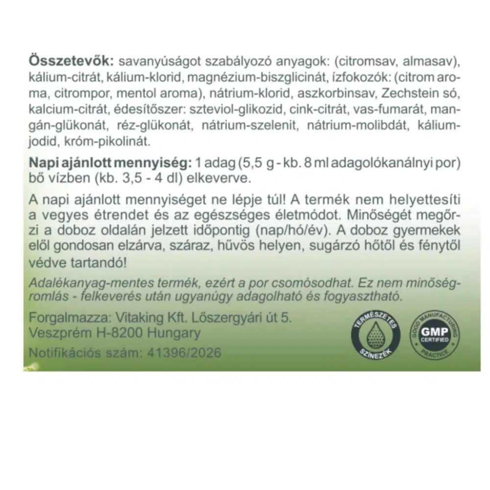 Vitaking Elektrolit citrom-menta ízű italpor - 165g 3 Vitaking Elektrolit citrom-menta ízű italpor - 165g - Image 3