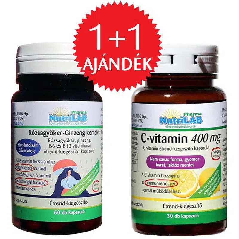Nutrilab Rózsagyökér-Ginzeng komplex kapszula + AJÁNDÉK C-vitamin kapszula - 60db+30db 1 Nutrilab Rózsagyökér-Ginzeng komplex kapszula + AJÁNDÉK C-vitamin kapszula - 60db+30db
