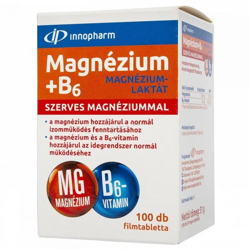 InnoPharm Magnézium-laktát + B6-vitamin filmtabletta - 100db 1 InnoPharm Magnézium-laktát + B6 filmtabletta 100db
