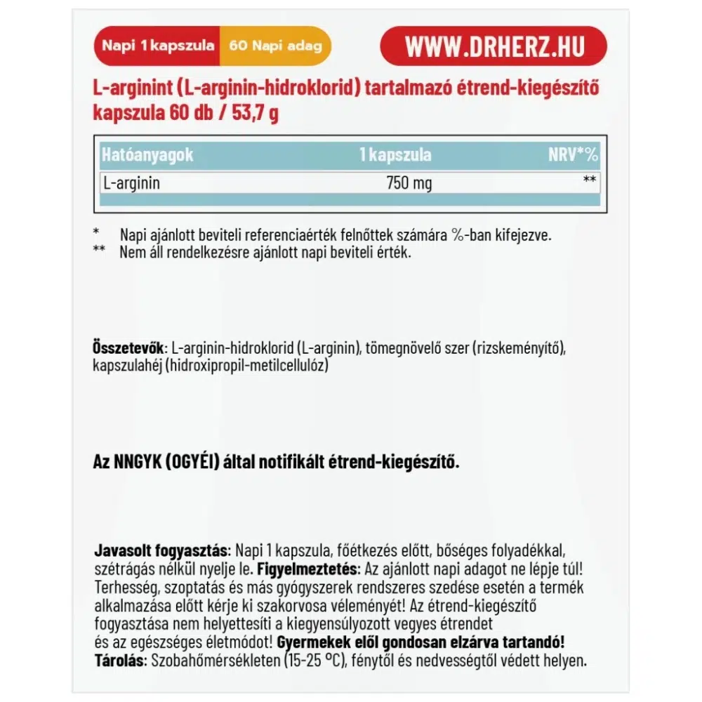 Dr. Herz L-arginin HCL 750mg kapszula - 60 db 2 Dr. Herz L-arginin HCL 750mg kapszula - 60 db - Image 2