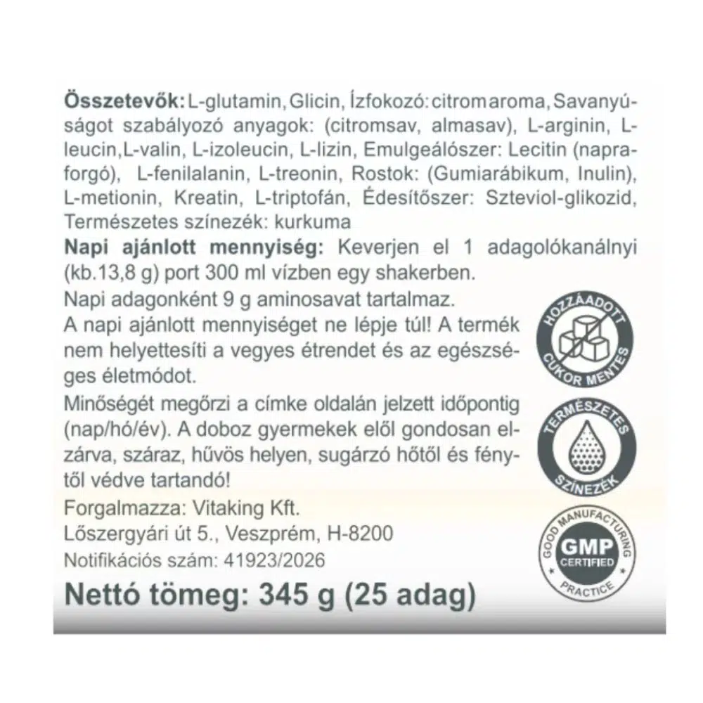 Vitaking Aminosav Komplex citrom ízű italpor - 345g 3 Vitaking Aminosav Komplex citrom ízű italpor - 345g - Image 3