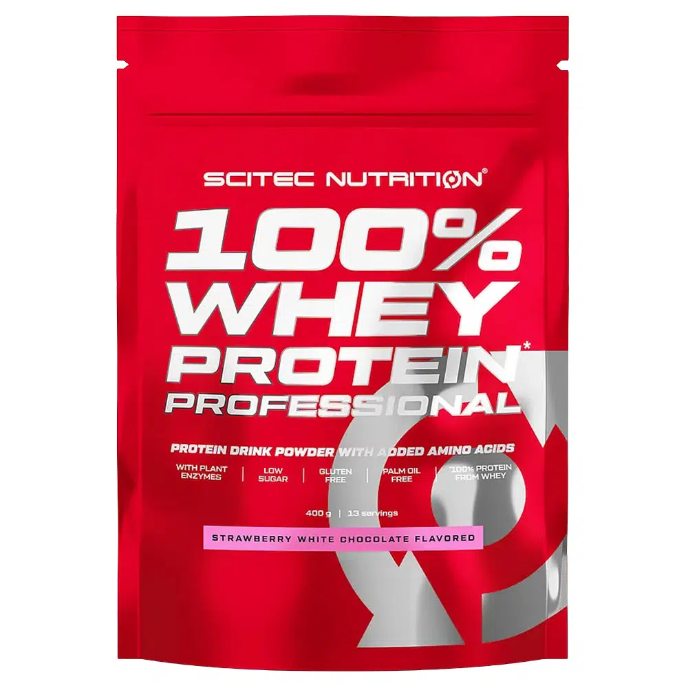 Scitec Nutrition 100% Whey Protein Professional eper-fehércsokoládé - 400g 1 Scitec Nutrition 100% Whey Protein Professional eper-fehércsokoládé - 400g