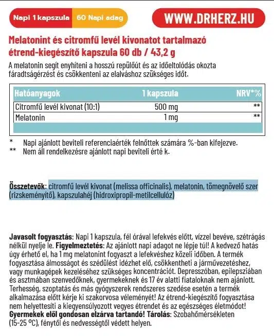 Dr. Herz Melatonin 1 mg + Citromfű levél kivonat kapszula - 60db 2 Dr. Herz Melatonin 1 mg + Citromfű levél kivonat kapszula - 60db - Image 2