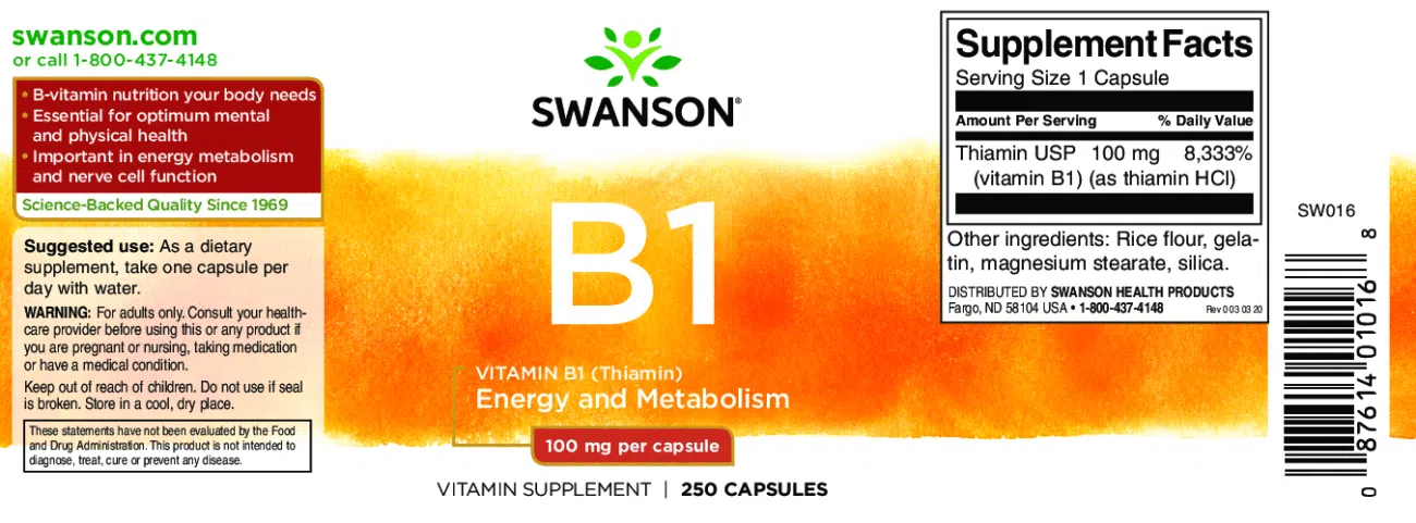 Swanson B1-vitamin (Tiamin) kapszula - 250db 2 Swanson B1-vitamin (Tiamin) kapszula - 250db - Image 2